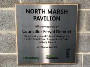 A steel plaque for the North Marsh Pavilion.