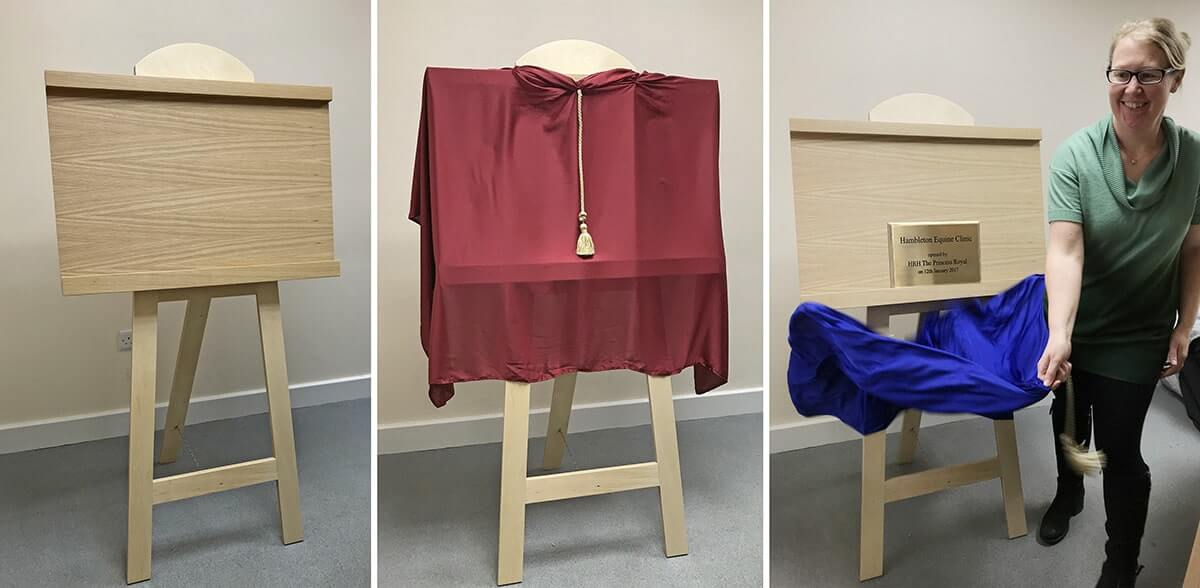 A triptich of pictures: an easel, an easel covered in a red drape, and an easel holding a plaque whose blue drape is in the middle of being pulled off.